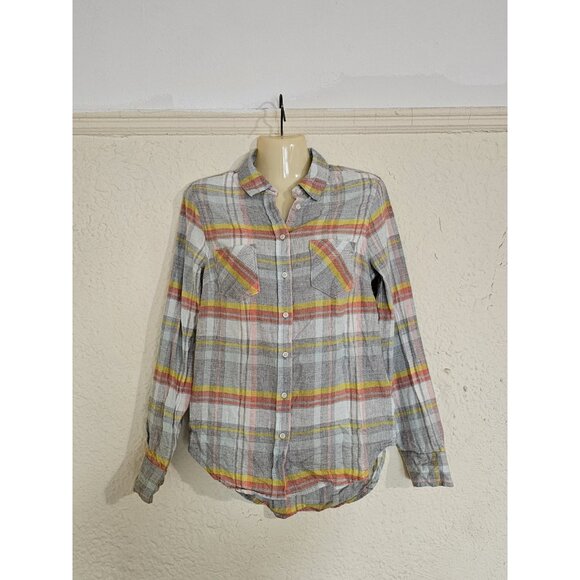 Merona Women's Size XS Blue Orange Yellow Plaid Flannel Shirts Pockets New - Picture 9 of 12